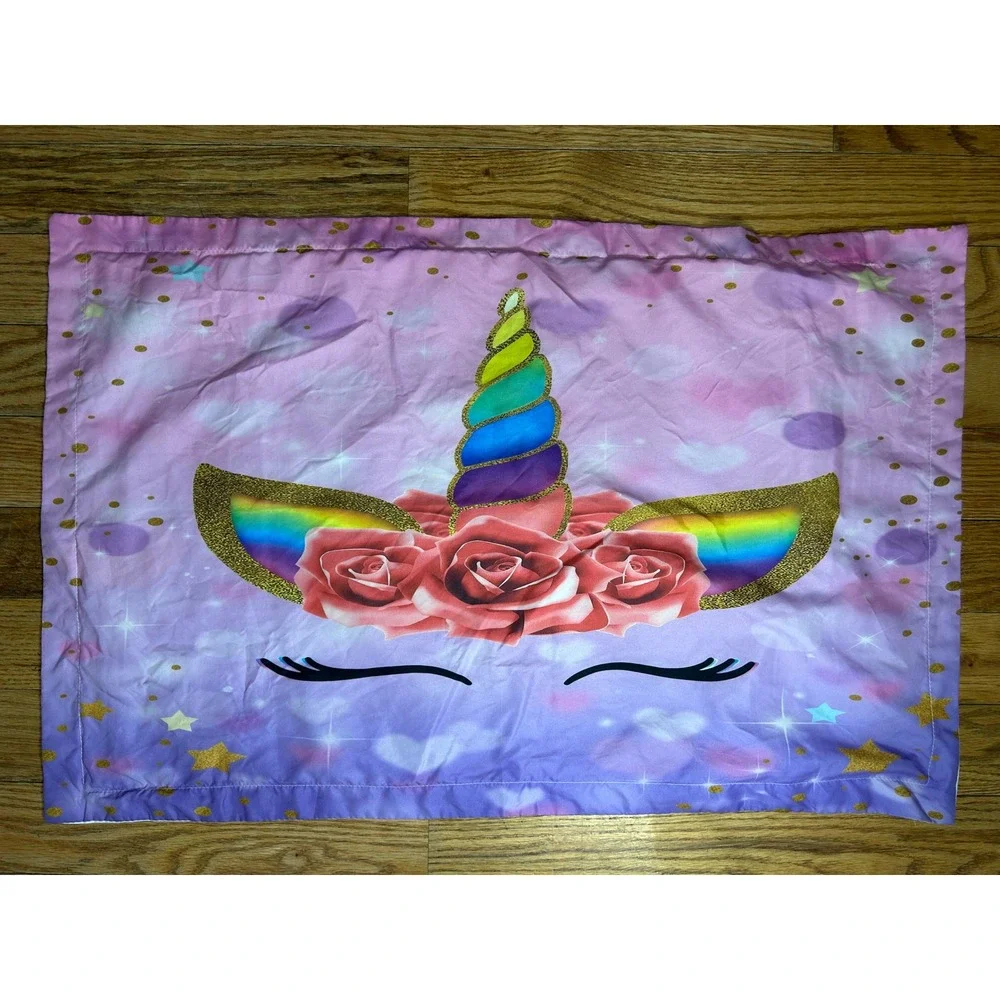 Kids Unicorn Pillowcase Rainbow‎ Horn Roses Sparkle Stars Purple Pink Bedding